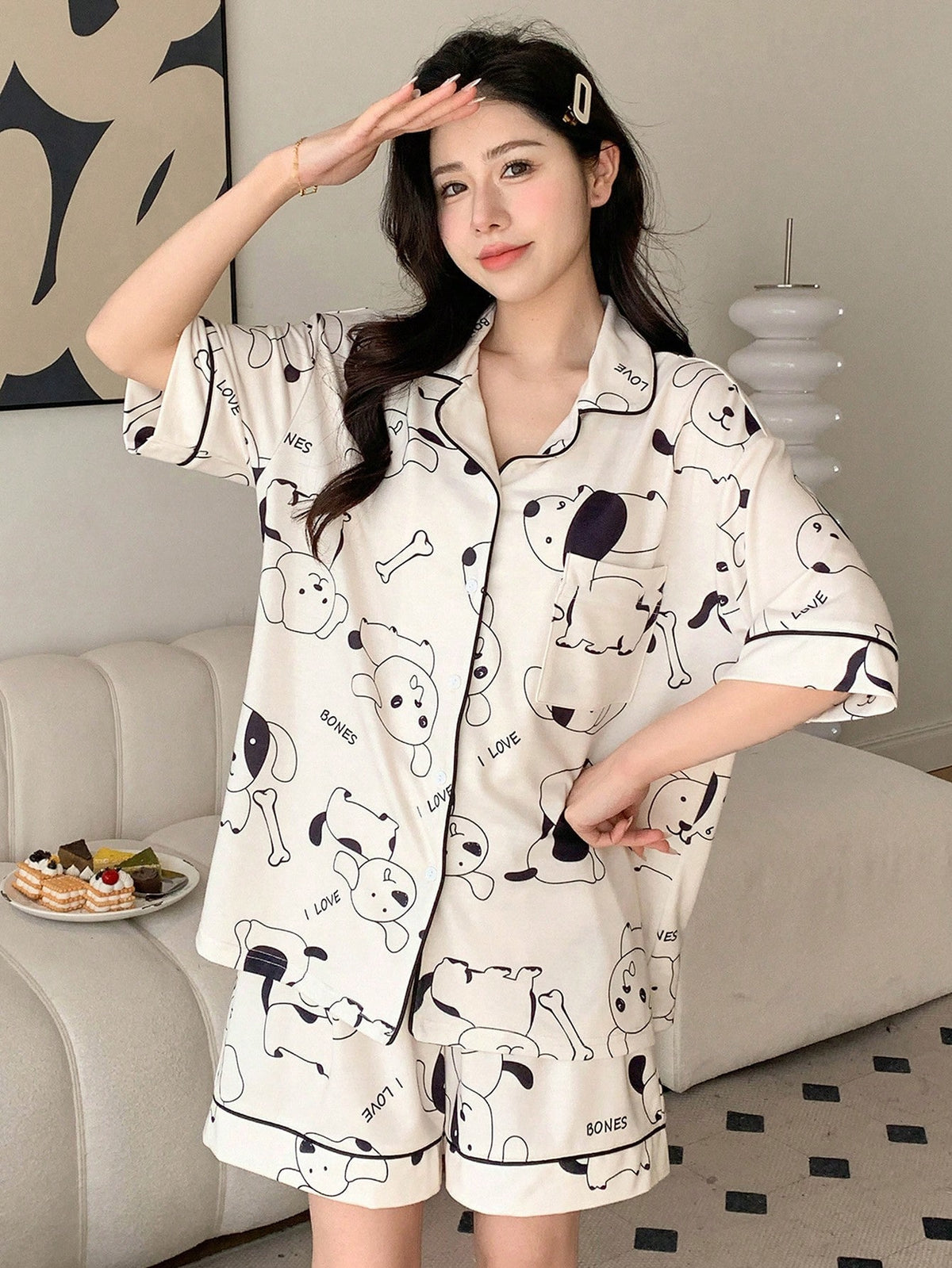 DAZY Women's Cute Dog Print Contrast Trim Button Front Short Sleeve Top And Shorts Pajama Set