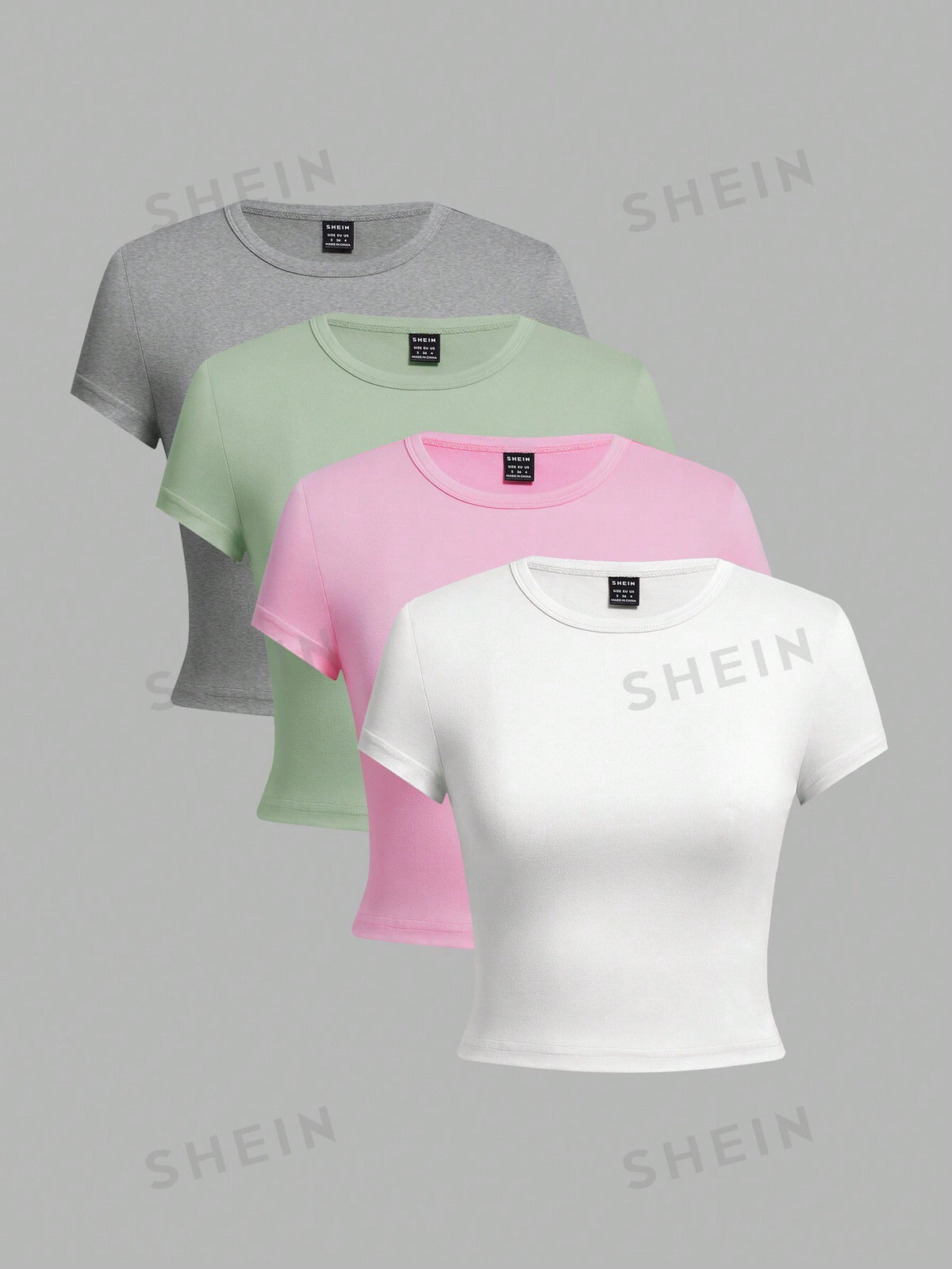 SHEIN EZwear 4pcs Set Of Simple Pattern Round Neck Short Sleeve Women's Cropped Tight T-Shirt, Casual