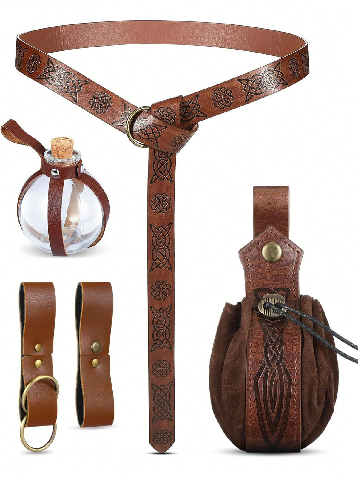 5pcs/Set Renaissance Accessories, Medieval Viking Embossed PU Leather Belt, Waist Bag, Hanging Strap And Potion Bottle For Cosplay Costume Festival Party