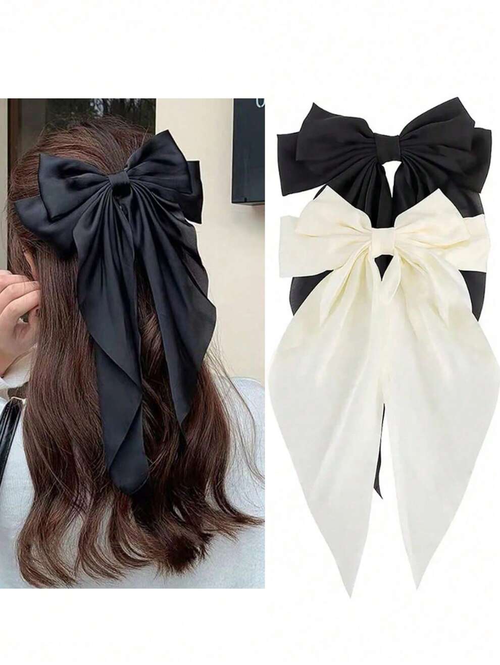 1-2pcs Women's Oversized Black/White/Red Satin Ribbon Hair Clip, Elegant And Chic Hair Accessory For Daily Wear And Outfits Matching Bow