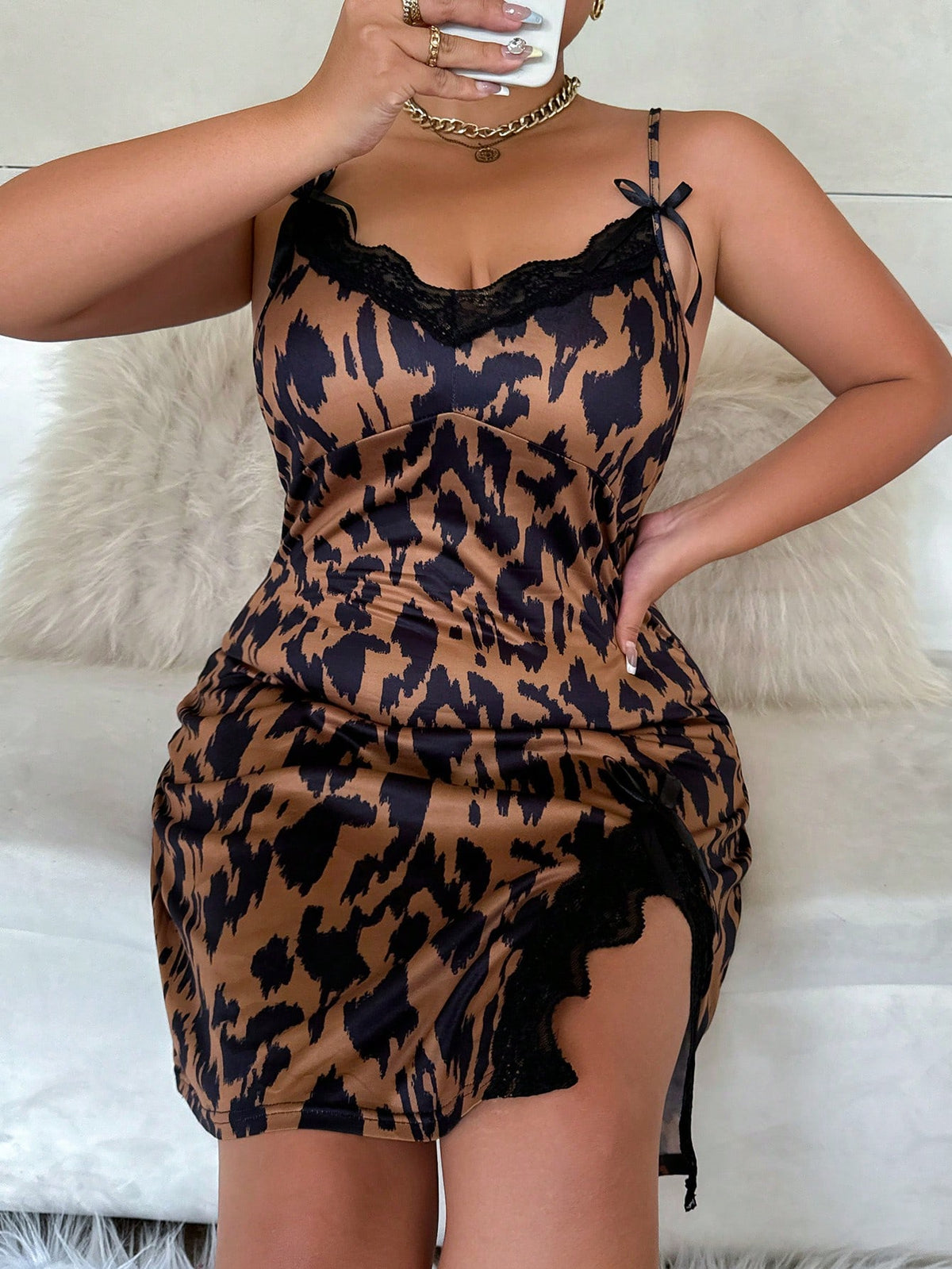 Plus Size Leopard Print Contrast Lace Side Slit Hem Cami Pajama Night Dress