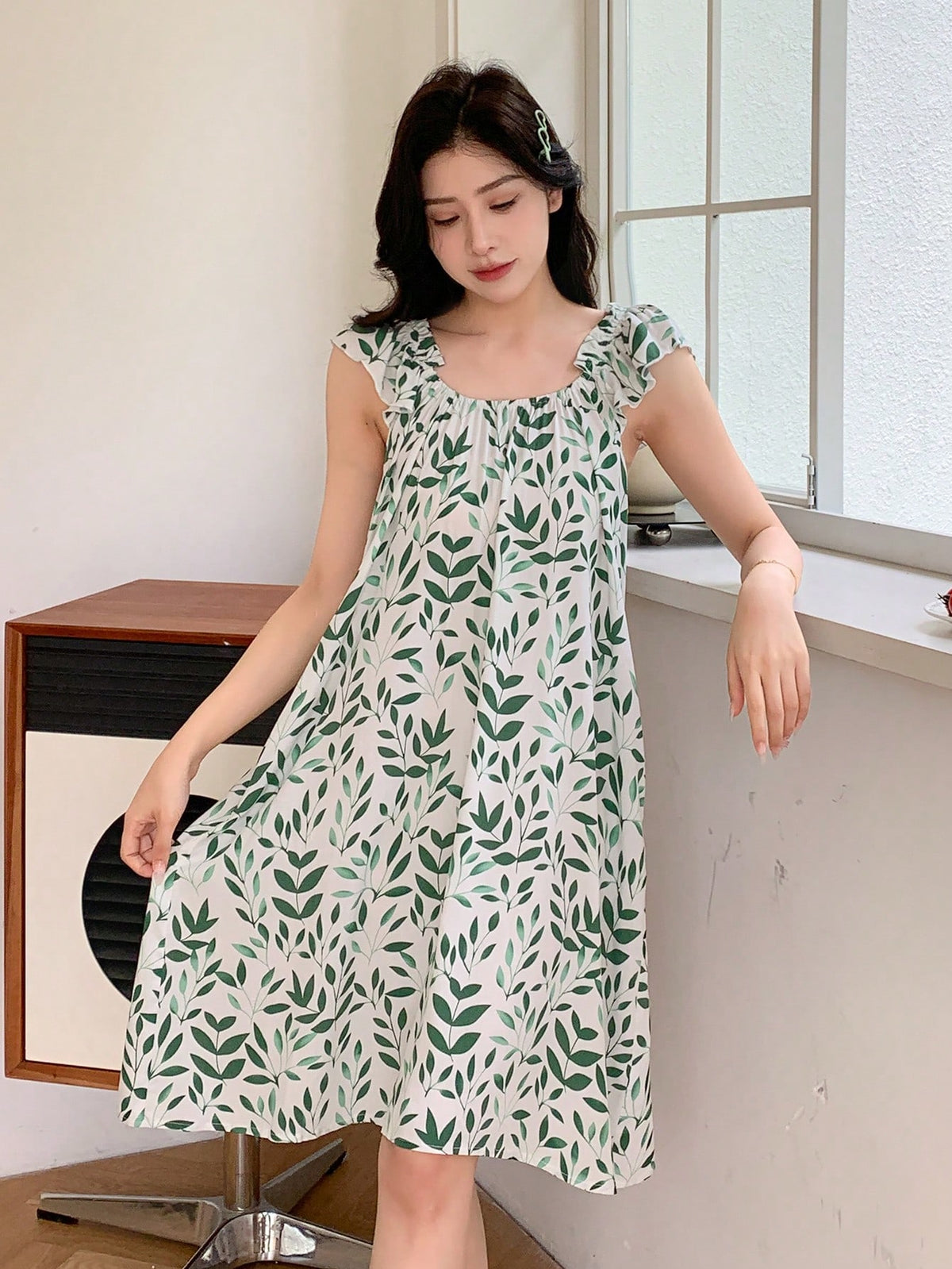 DAZY Plant Printed Ruffle Hem Sleeveless Summer Sleep Dress