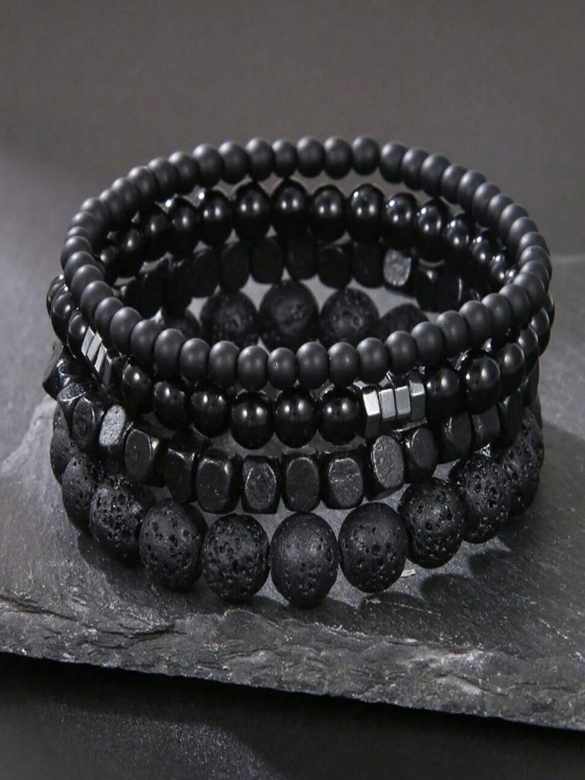 4Pcs/Set Volcanic Stone Wood Beads Multi-Layer Men's Bracelet Combination Set Elastic Bracelet