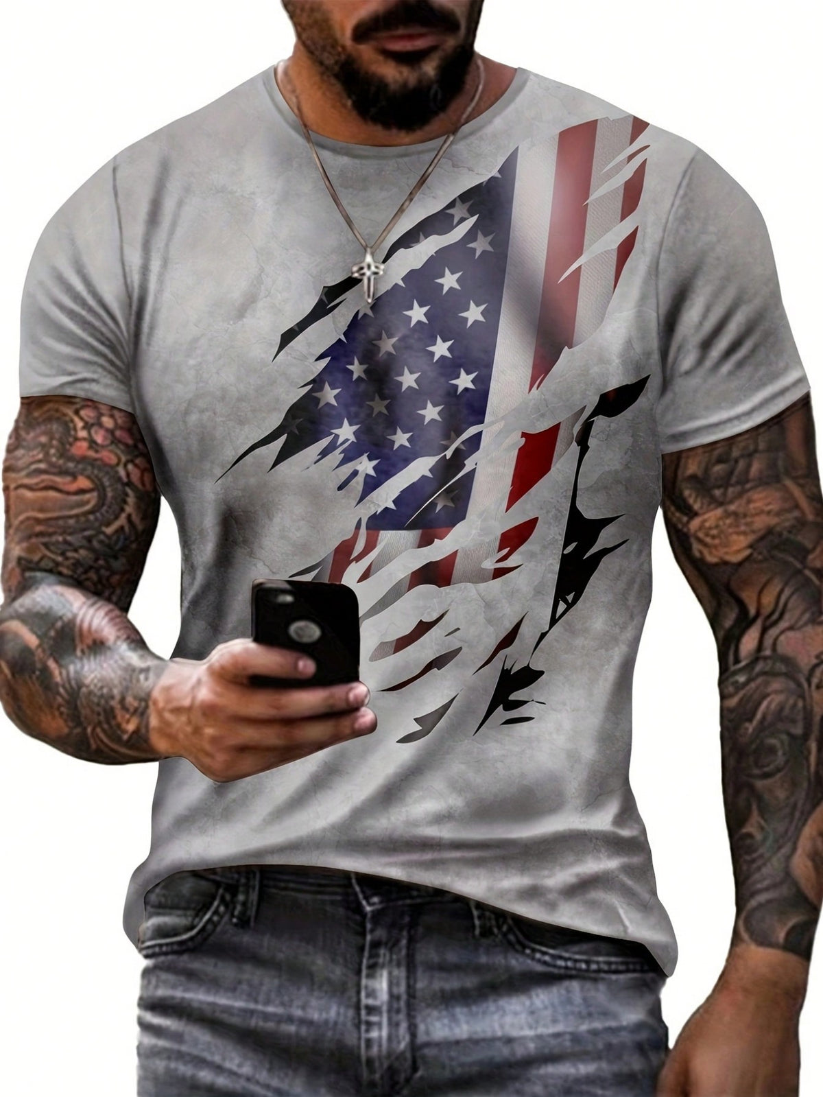 Men's Summer Casual Short Sleeve T-Shirt With USA Flag Print