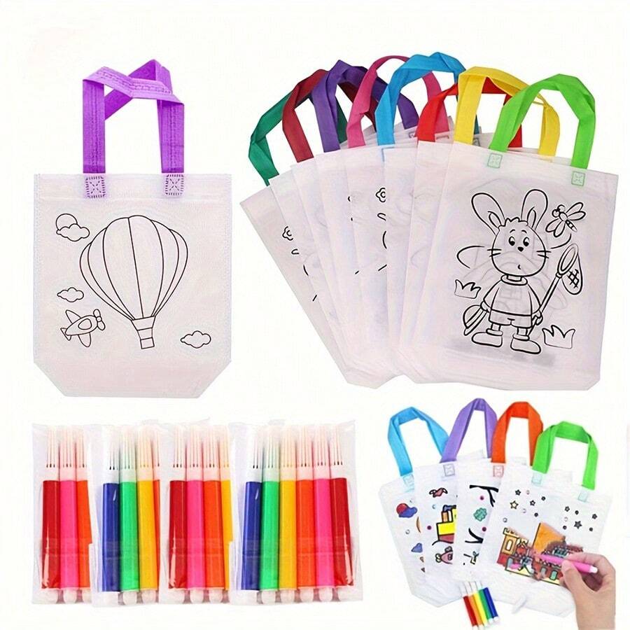 Random Pattern DIY Non-Woven Fillable Coloring Graffiti Bag, Pack Of 6, With Coloring Pens. Reusable, Great For Birthday Party Favor Bags Or Gift Packaging Goodie Bags.