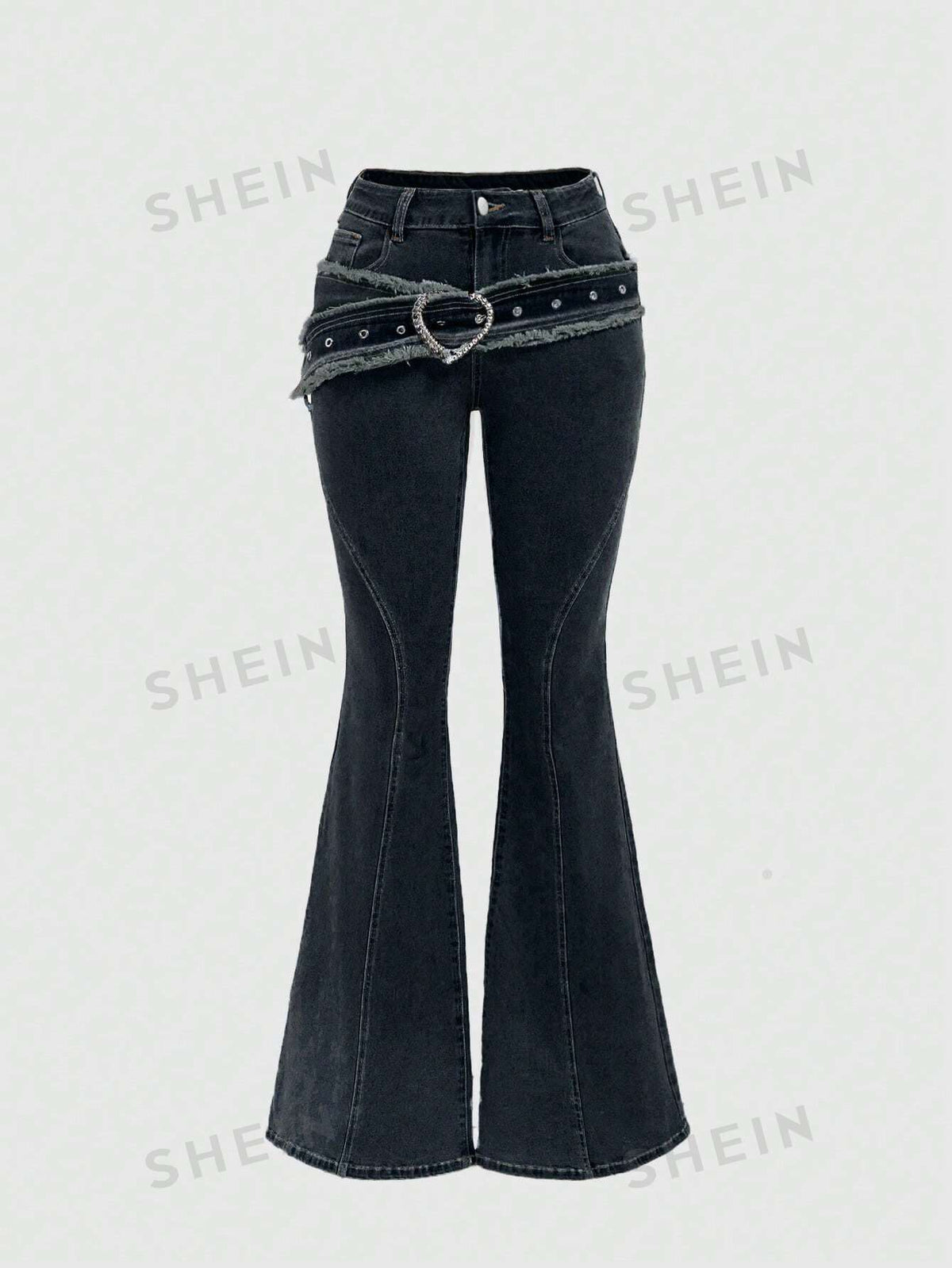 ROMWE Grunge Punk Women'S Flared Jeans With Rhinestone Heart Ring Decoration, Frayed Hem And Trim