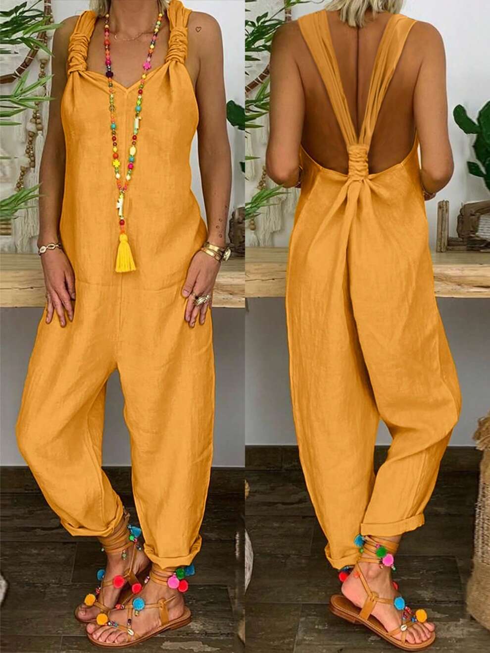 SHEIN VCAY Spring/Summer Twist Back Casual Solid Color Jumpsuit For Daily Wear