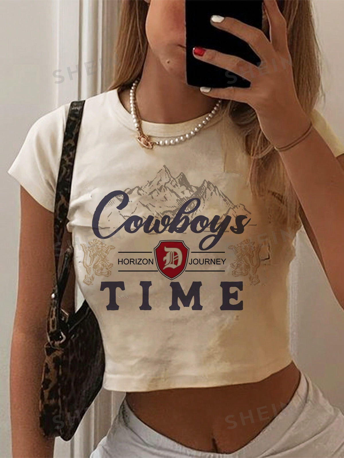 SHEIN EZwear Casual 'Cowboy Time' Western Cowboy Print White Round Neck Short Sleeve Slim Crop Top T-Shirt For Women, Summer