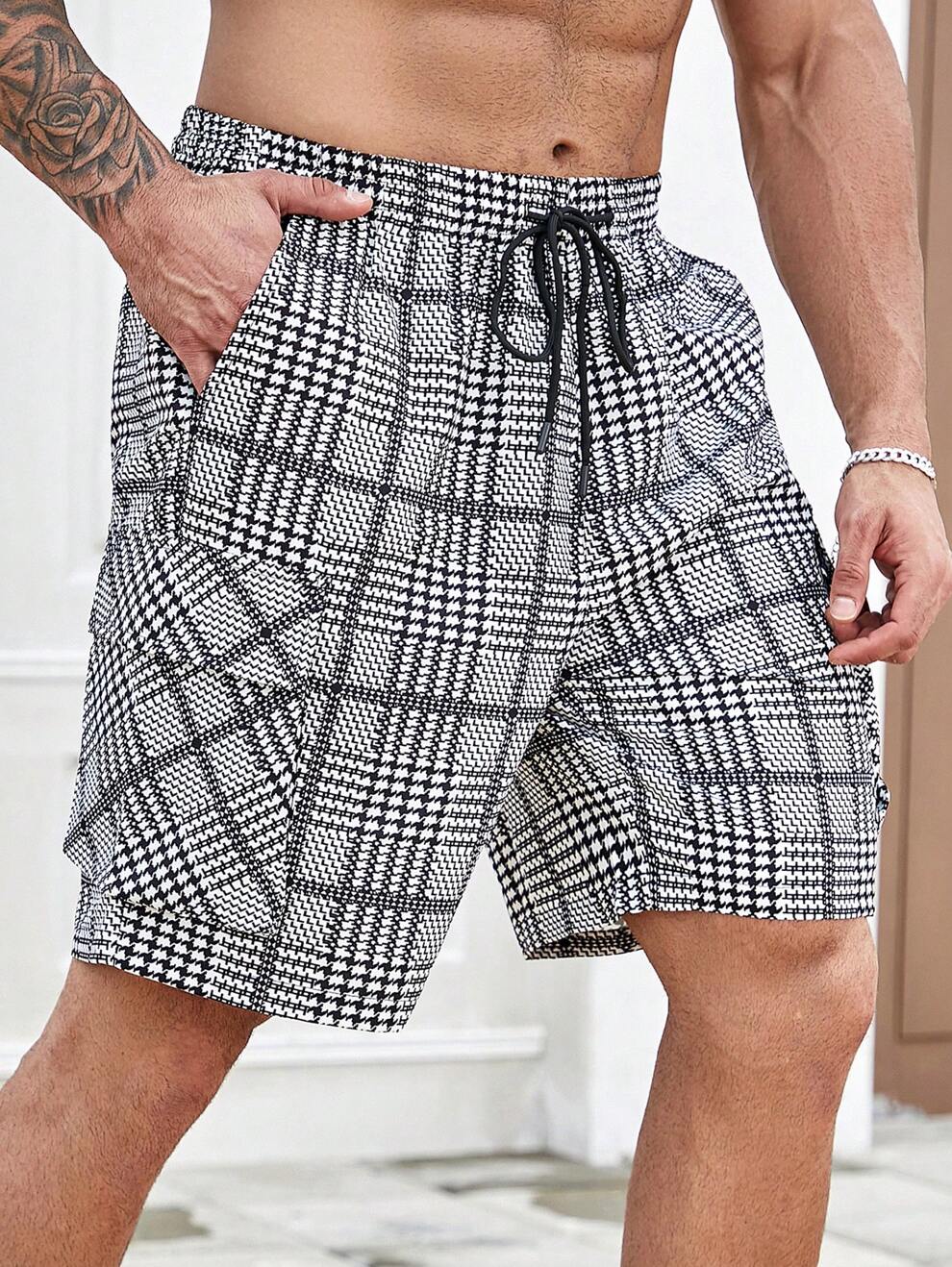 Manfinity Homme Plus Size Geometric Printed Casual Shorts With Pockets And Drawstring, Summer