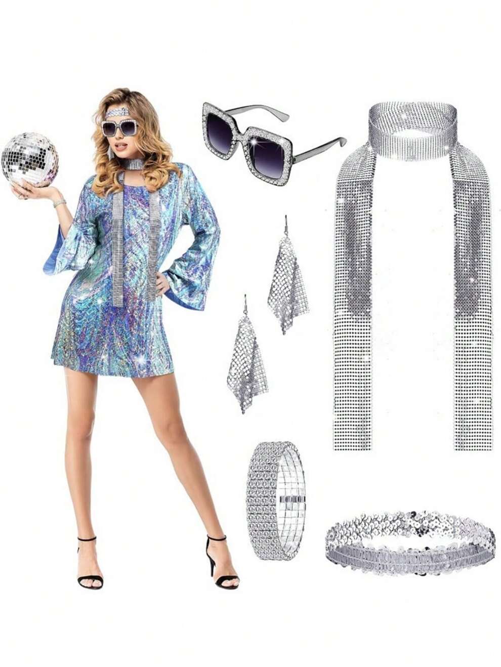 70s Disco Costume Accessories Set: Sequined Headband, Sunglasses, Necklace, Earrings, Rhinestone Scarf And Bracelet