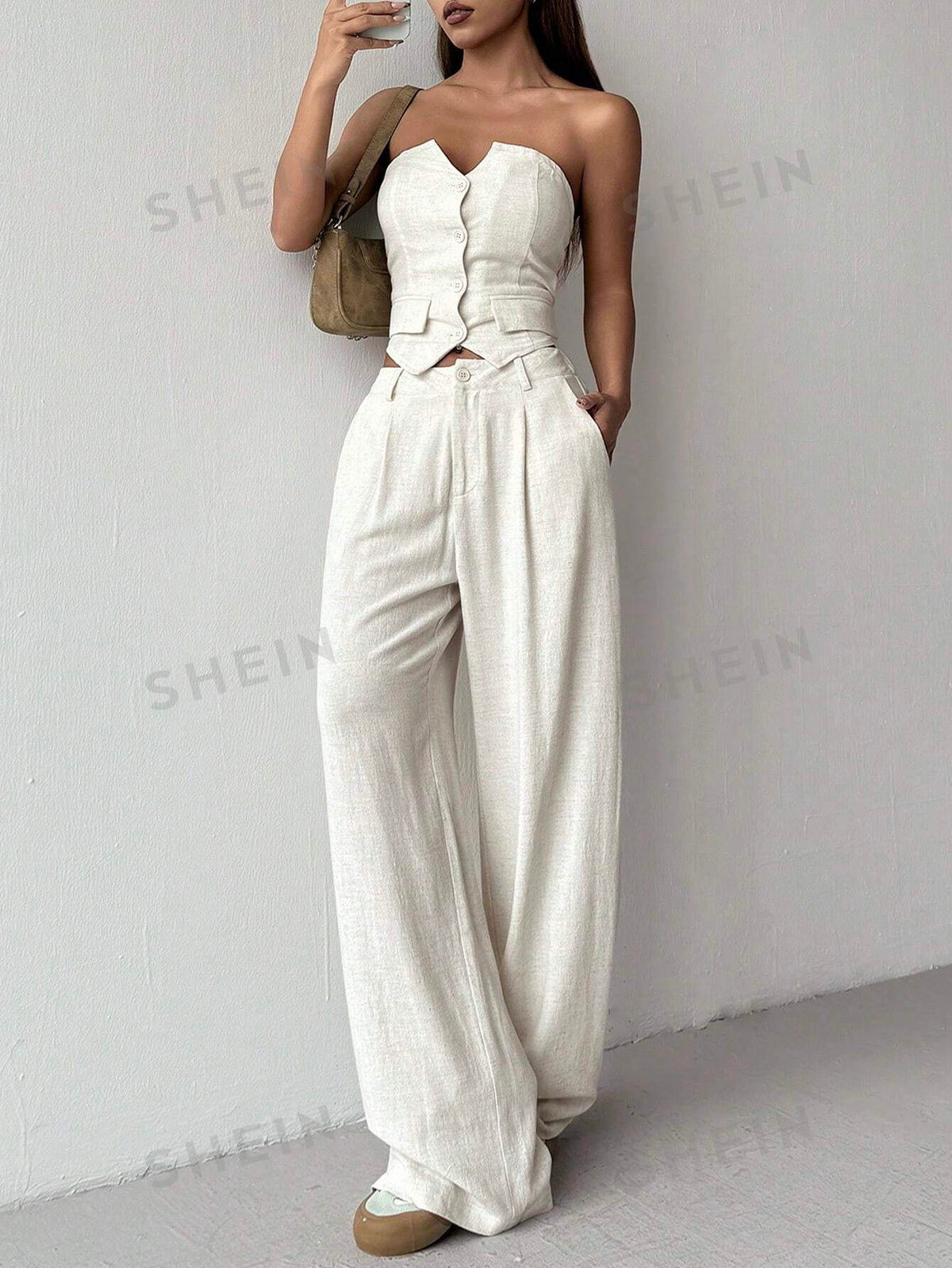 SHEIN EZwear Summer Fashion Faux Leather Strapless Vest And Leather Pants Suit, 2pcs/Set