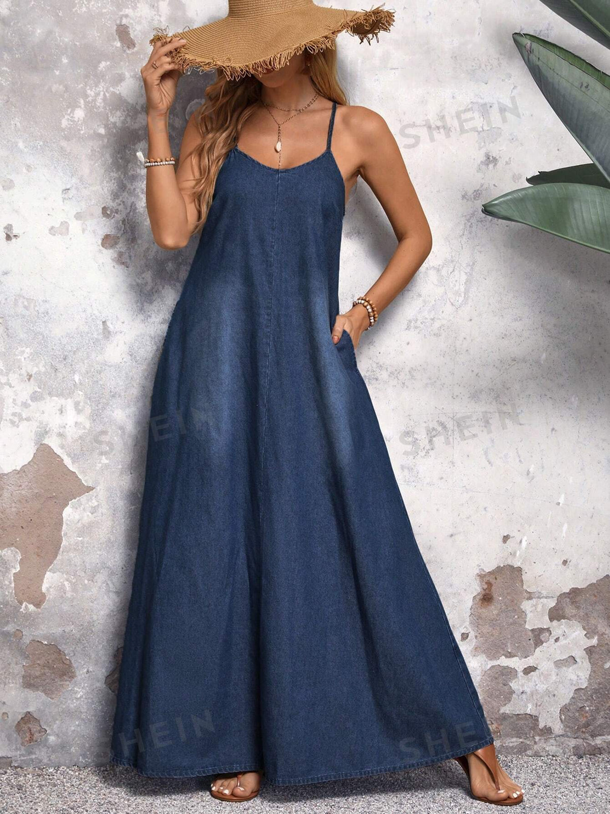 SHEIN LUNE Summer Solid Color Denim Overall Dress With Pocket And Sleeveless Design