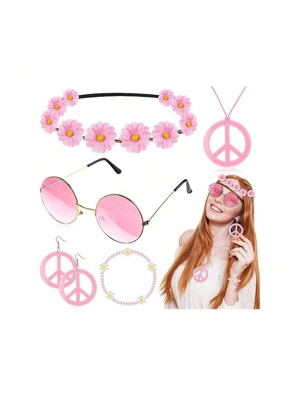 6 Pcs Hippie Costume Accessories Set,60s 70s Hippy Pink Dressing Accessory Women Supplies Fancy Glasses Peace Sign Necklace Earrings Wristband And Hippie Headband