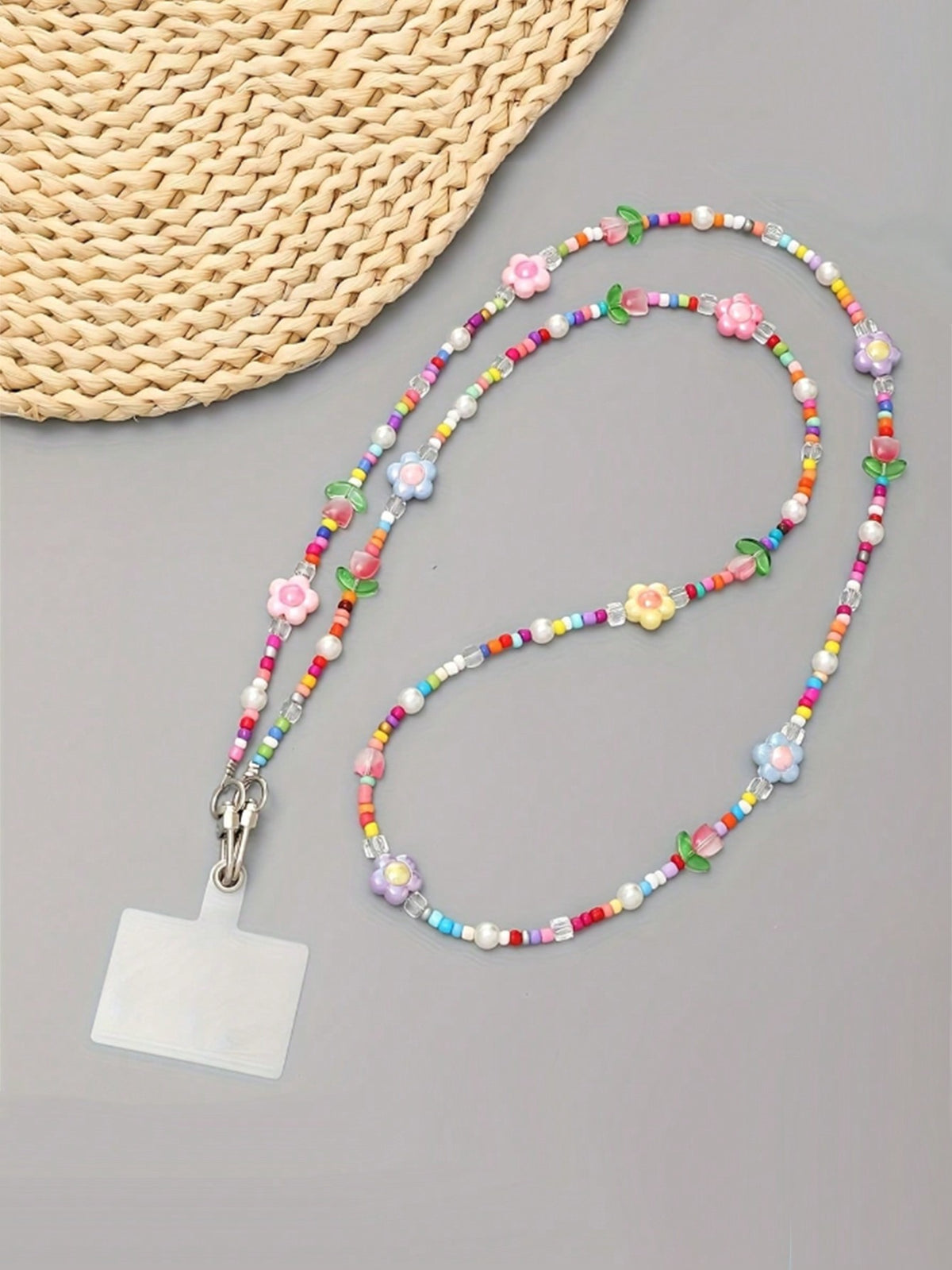 Colorful Flower Shoulder Strap One Shoulder Chain Phone Case Lanyard, Pentagram Beaded Belt, Transparent Card-Multiple Bead Colors (Random Order)