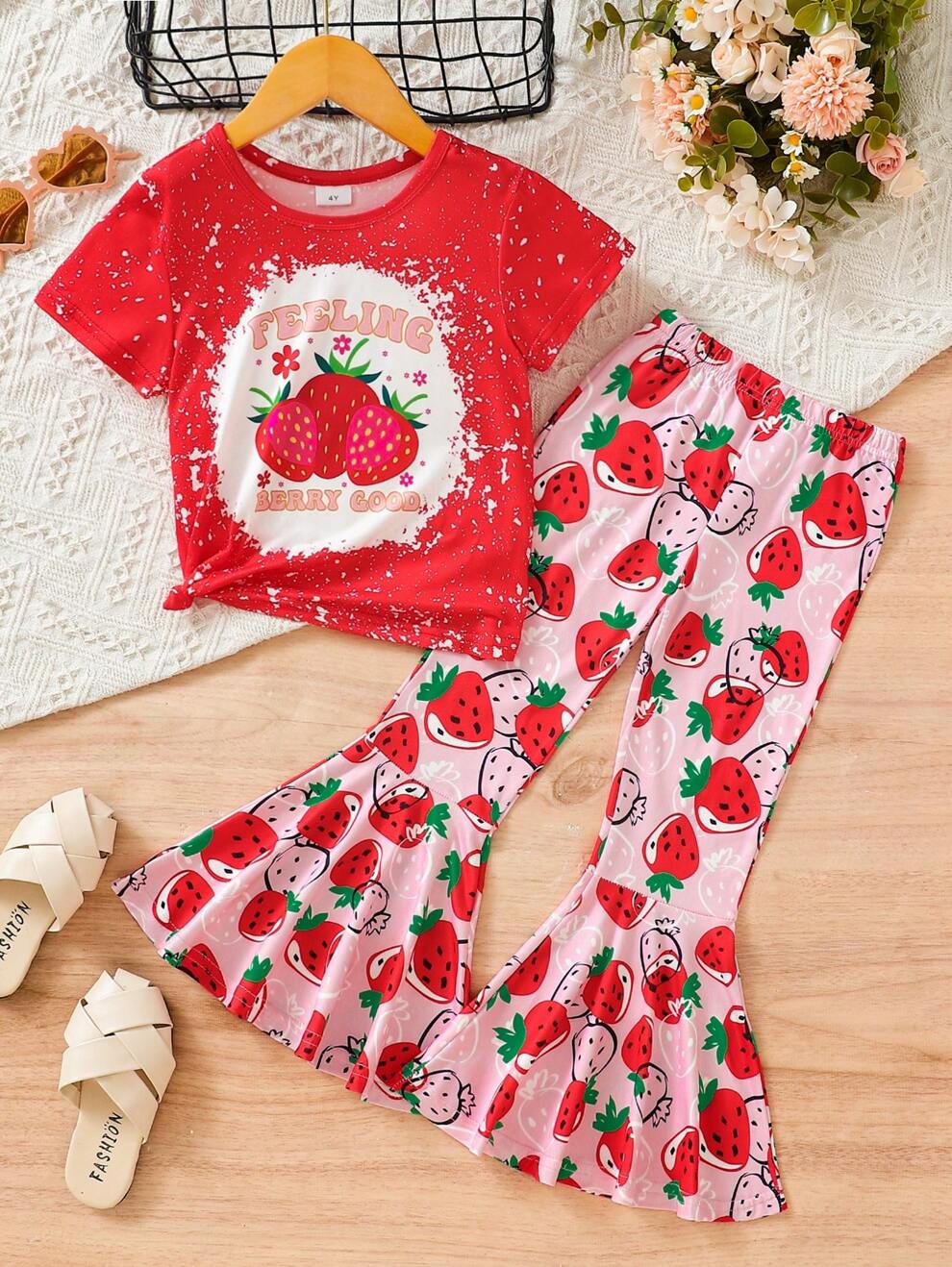 Girls' Strawberry Print T-Shirt And Flared Pants Set