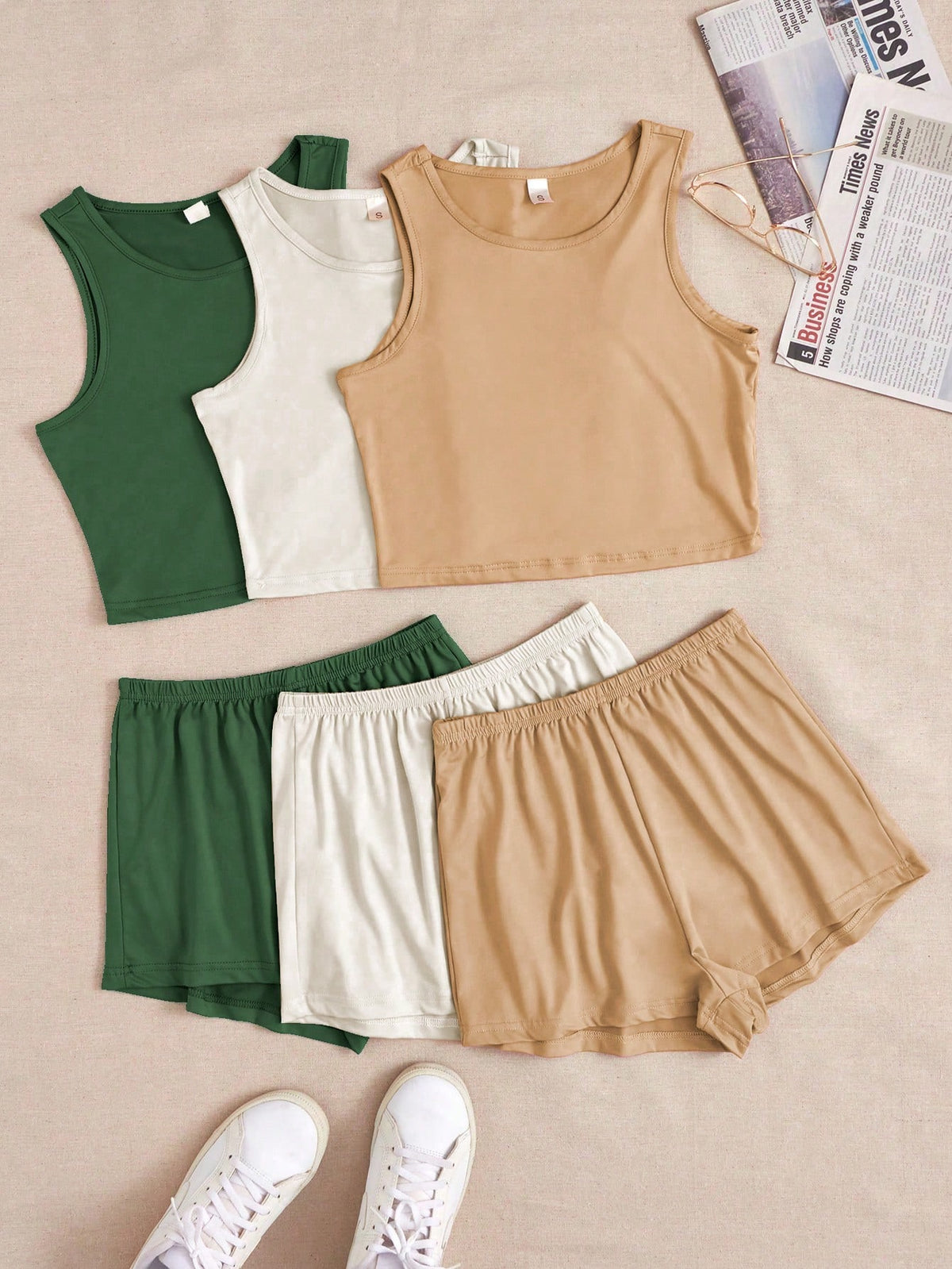 Solid Color Round-Neck Vest And Elastic Waist Shorts 3-Piece Summer Casual Set