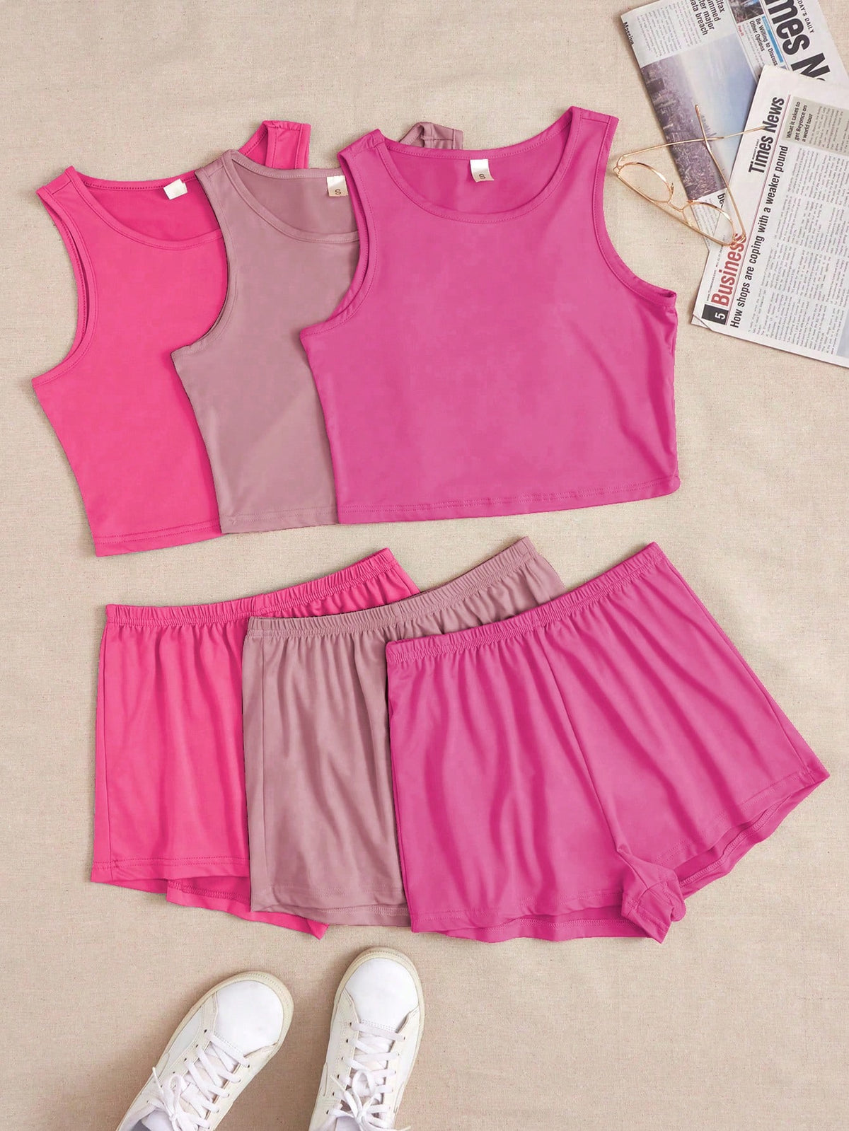 Solid Color Round-Neck Vest And Elastic Waist Shorts 3-Piece Summer Casual Set