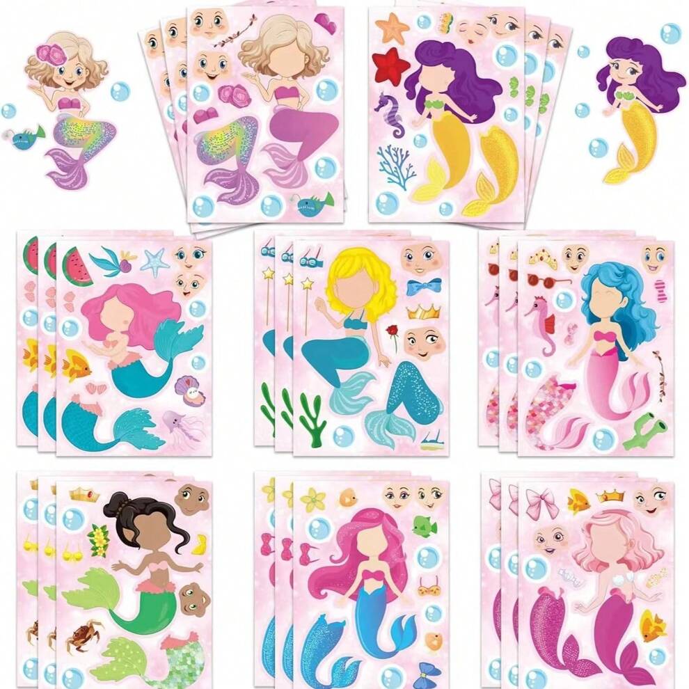 12 Sheets Mermaid Stickers Make Your Own Mermaid Stickers Party Favors Make A Mermaid Stickers Mermaid Make A Face Stickers For Kids Party Favors,Classroom Rewards,Mermaid Themed Art Craft Supplies(Ra