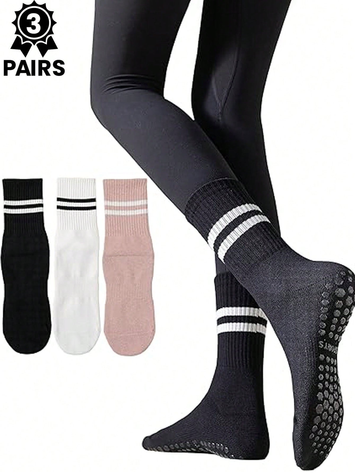 3 Pairs Women's Pilates Non-Slip Socks, Pilates Sticky Socks, Yoga Bucket Socks, Gripper Socks With Non-Slip Strap, Black Sports