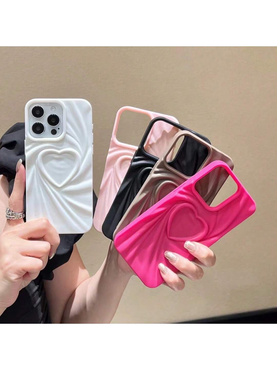 3D Heart Shape Soft Silicone Phone Case, Compatible With IPhone 15 Pro Max/Ins 14 Pro/Folding Lines/IPhone 13 New/12 Pro/11/Girls' 14 Pro, Premium Shockproof Protective Cover