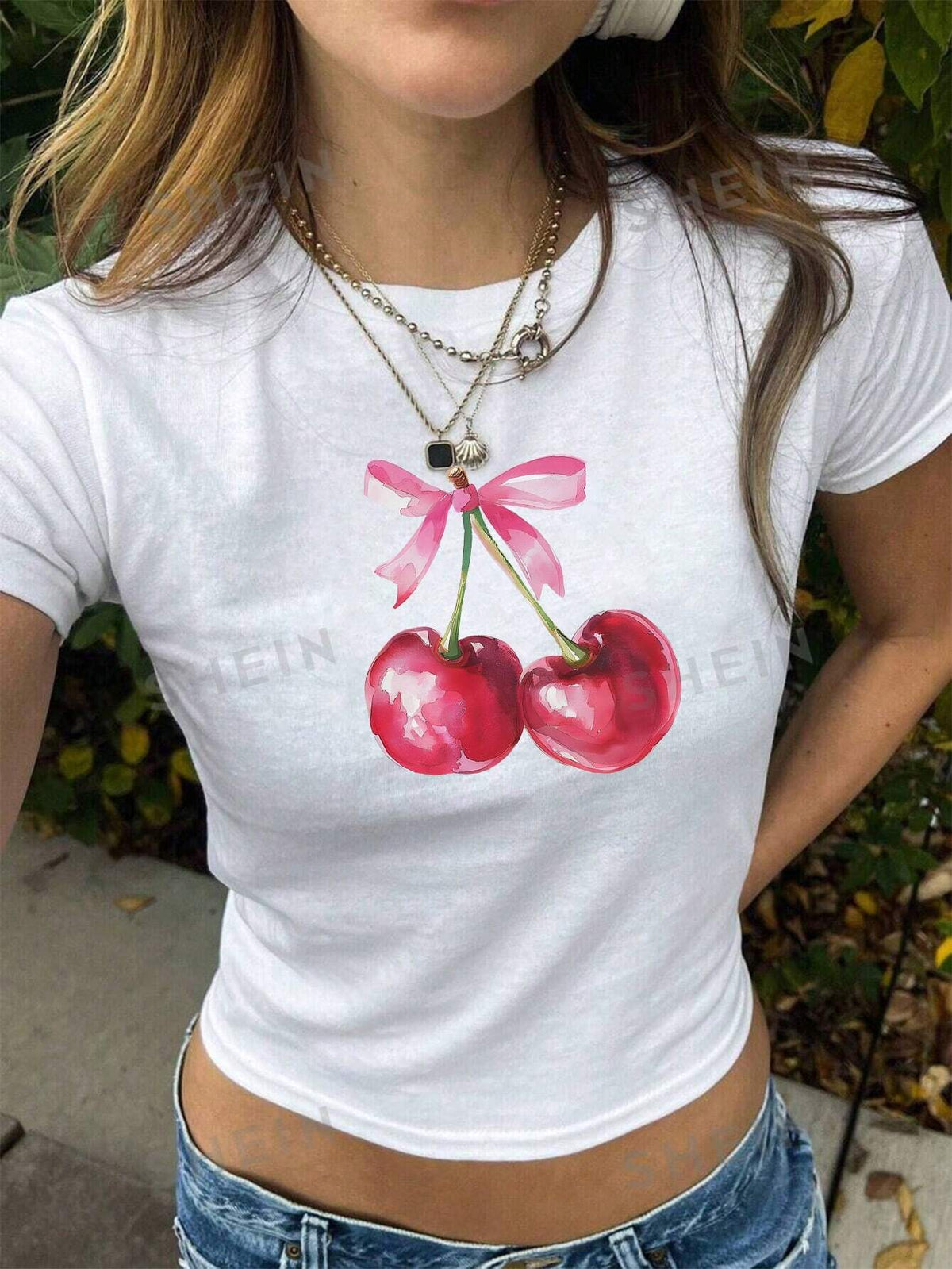 SHEIN EZwear Summer Cherry Pattern Round Neck Women's T-Shirt