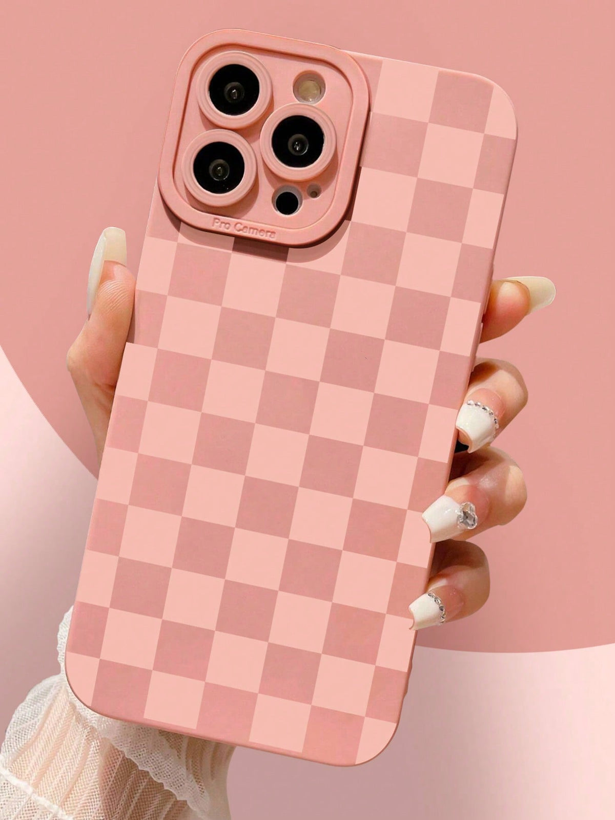 Baby Pink Pink Checkered Pattern Liquid Silicone Mobile Phone Case Full-Body Protection Shockproof Anti-Fall TPU Soft Rubber Case &3pcs HD Full Cover Screen Protection Tempered Film Compatible With Ap