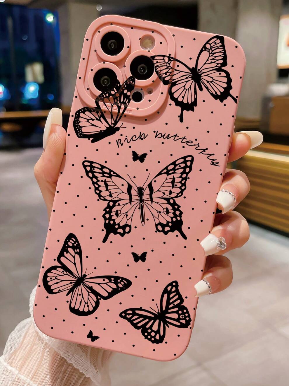 Pink 1pc Simple Black Dot Butterfly Letter Anti-Fingerprint Frosted Eye Phone Case, Compatible With Apple/Samsung/Xiaomi/Redmi/VIVO/Infinix/OPPO/Reno