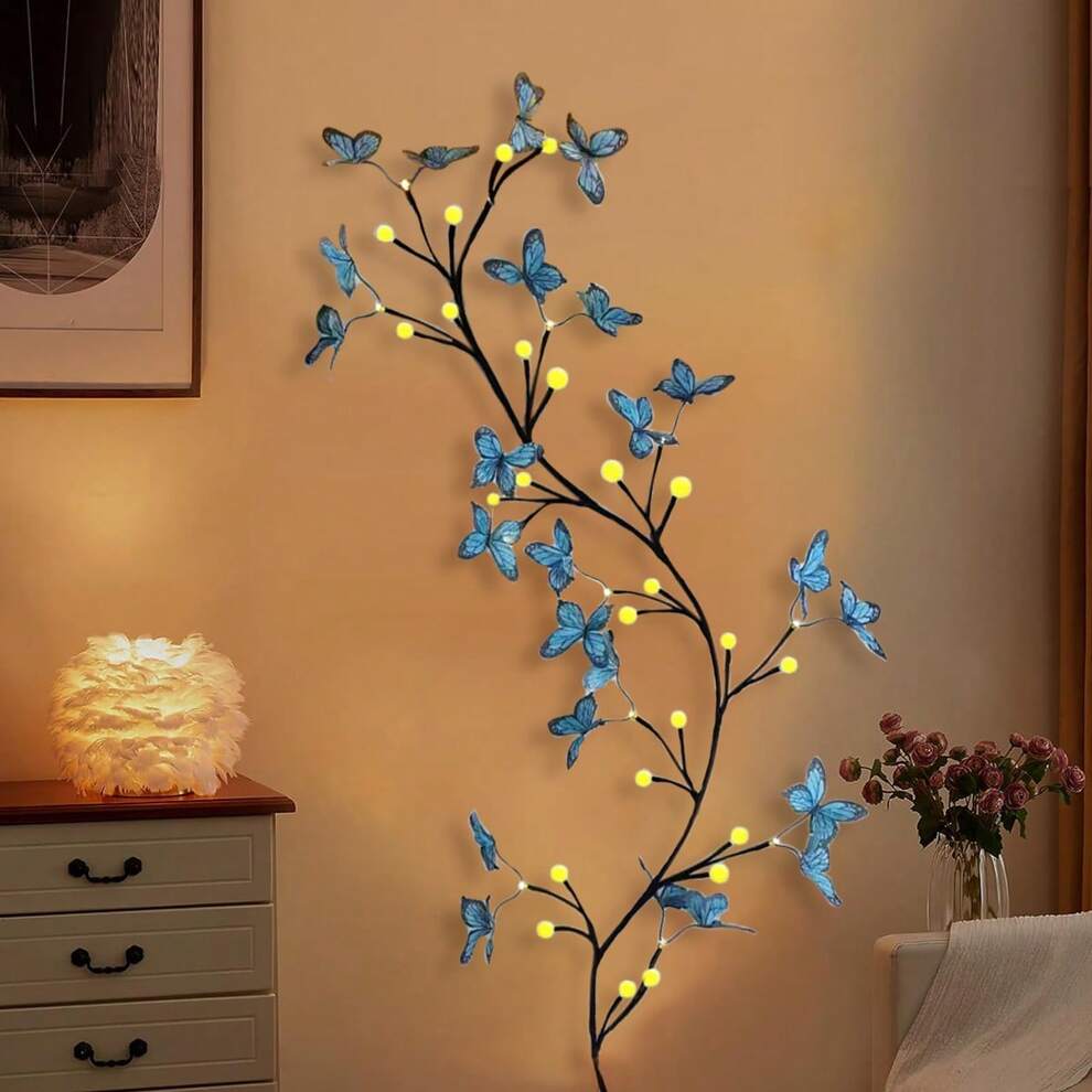 1pc 36LED Butterfly Branch Vine Light, Room Decoration Light, Warm White, 8-Function, USB Powered, Suitable For Indoor Room, Bedroom, Living Room, Home, Wall, Fireplace Decoration