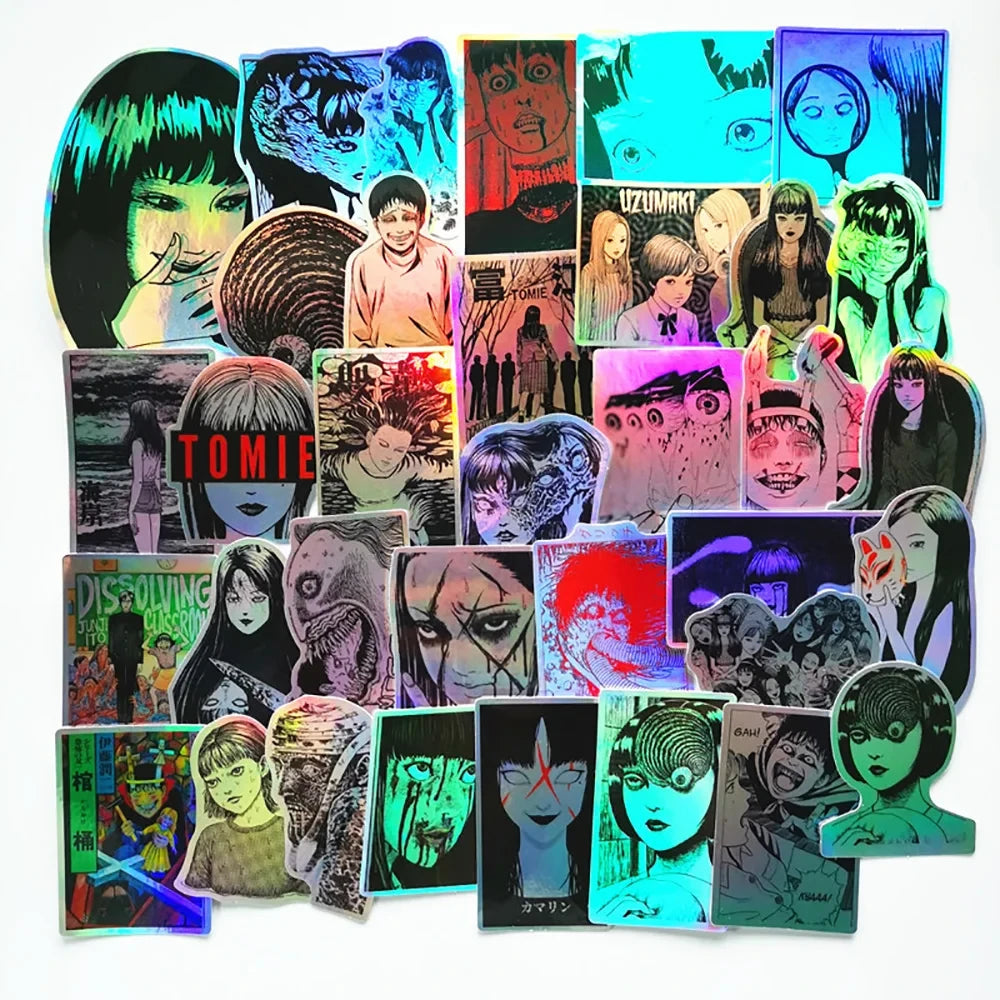 50PCS Anime Tomie Horror Laser Metal Stickers Decoration Suitcase Scrapbooking Laptop Phone Stationery Cool Kid