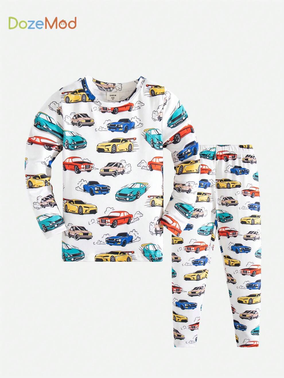 SHEIN 2pcs Young Boy Cartoon Car Pattern Comfortable Tight-Fitting Long Sleeve And Long Pants Home Clothes