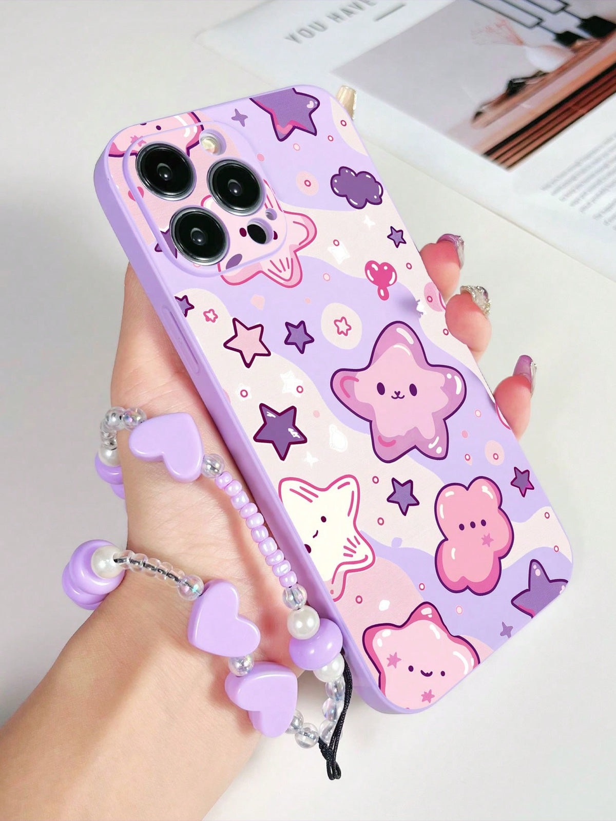 1pc Purple TPU Star Pattern Anti-Drop Phone Case And 1pc Purple Heart-Shaped Hand Strap Compatible With IPhone Cases/Matching Cases With Lanyards/Wristband Phone Cases/Funny Phone Cases/Android Phone