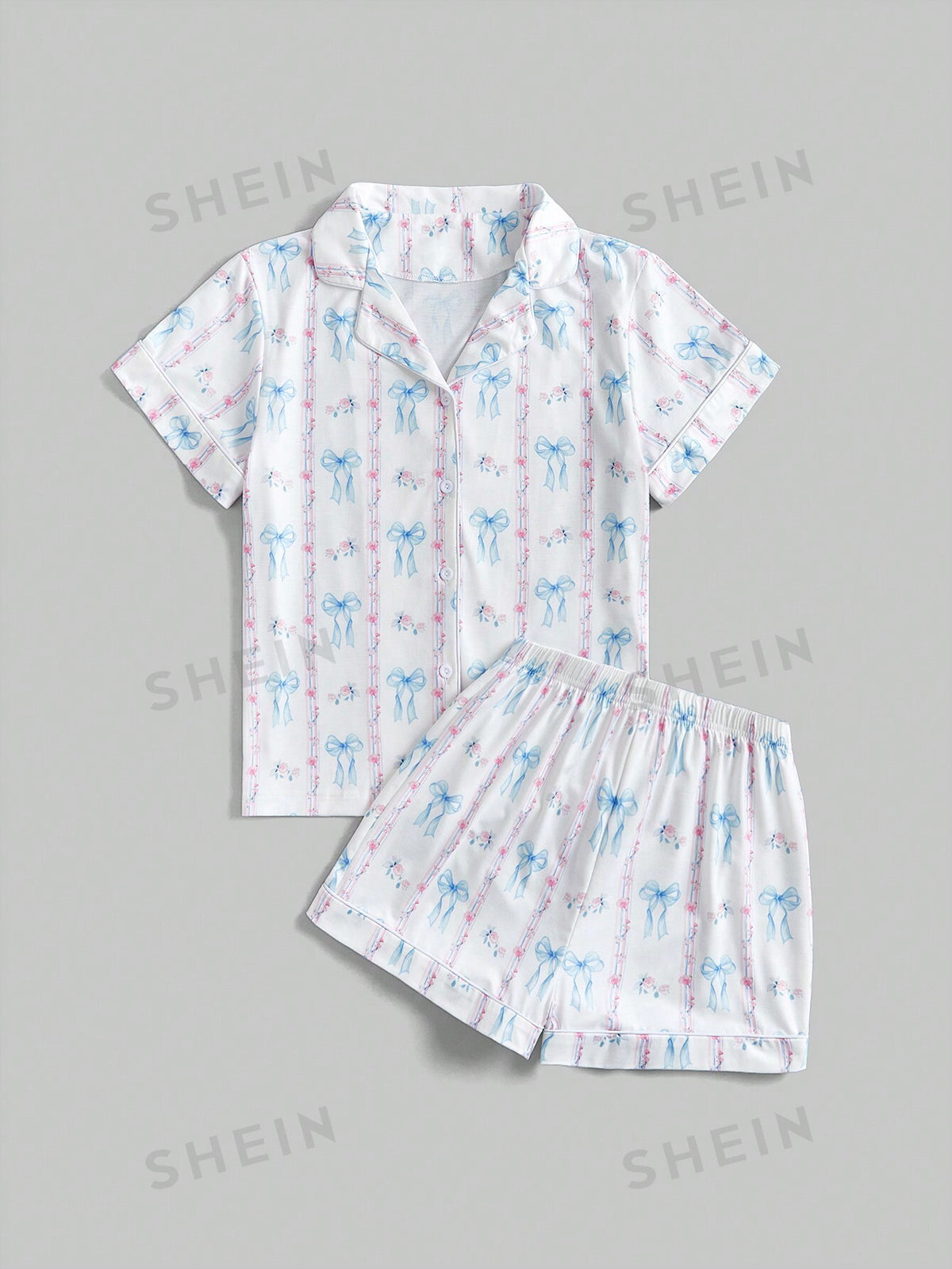 ROMWE Kawaii Vintage Butterfly & Floral Pattern Short Sleeve Women's Pajama Set With Lapel Collar And Button Front