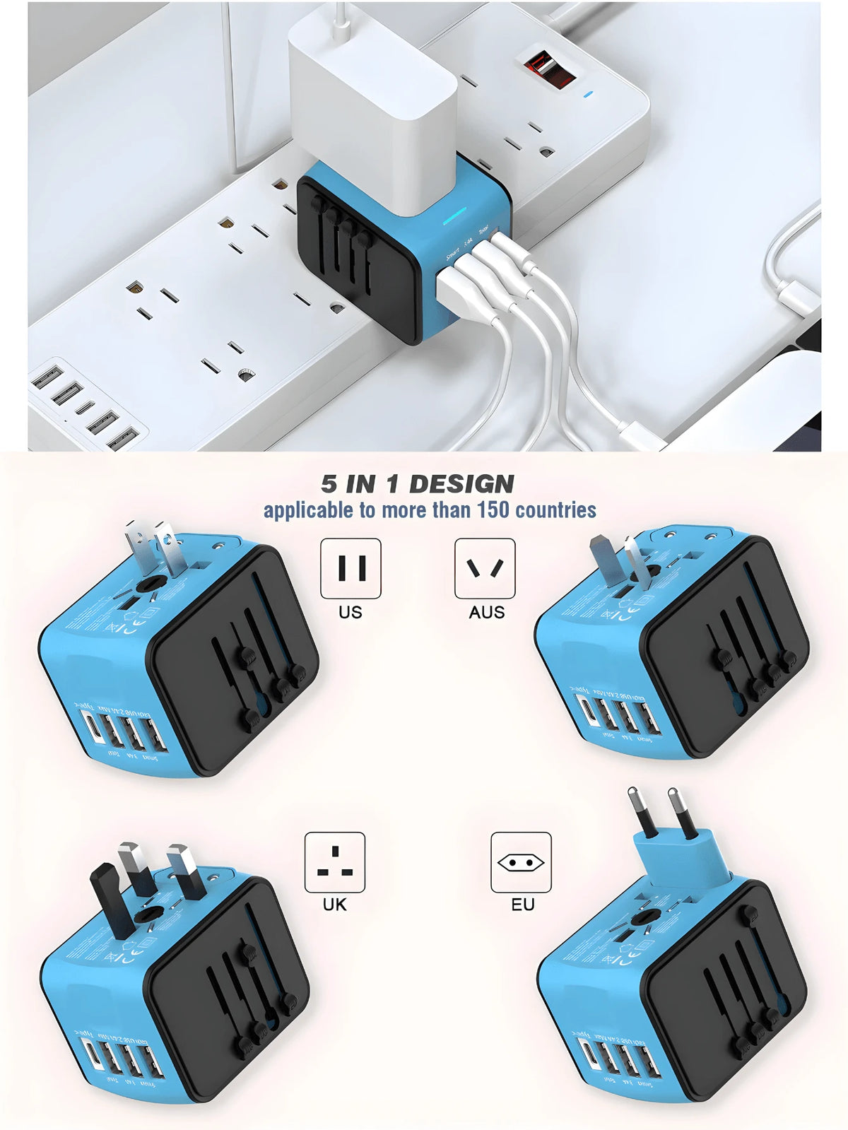 Universal Travel Adapter, International Travel Plugs Worldwide With 3 USB + 1 Type C Ports European Power Adapter, Smart AC Outlet Wall Charger For Us To EU UK AUS Ireland Asia (Type C/G/A/I)-Blue/Bla