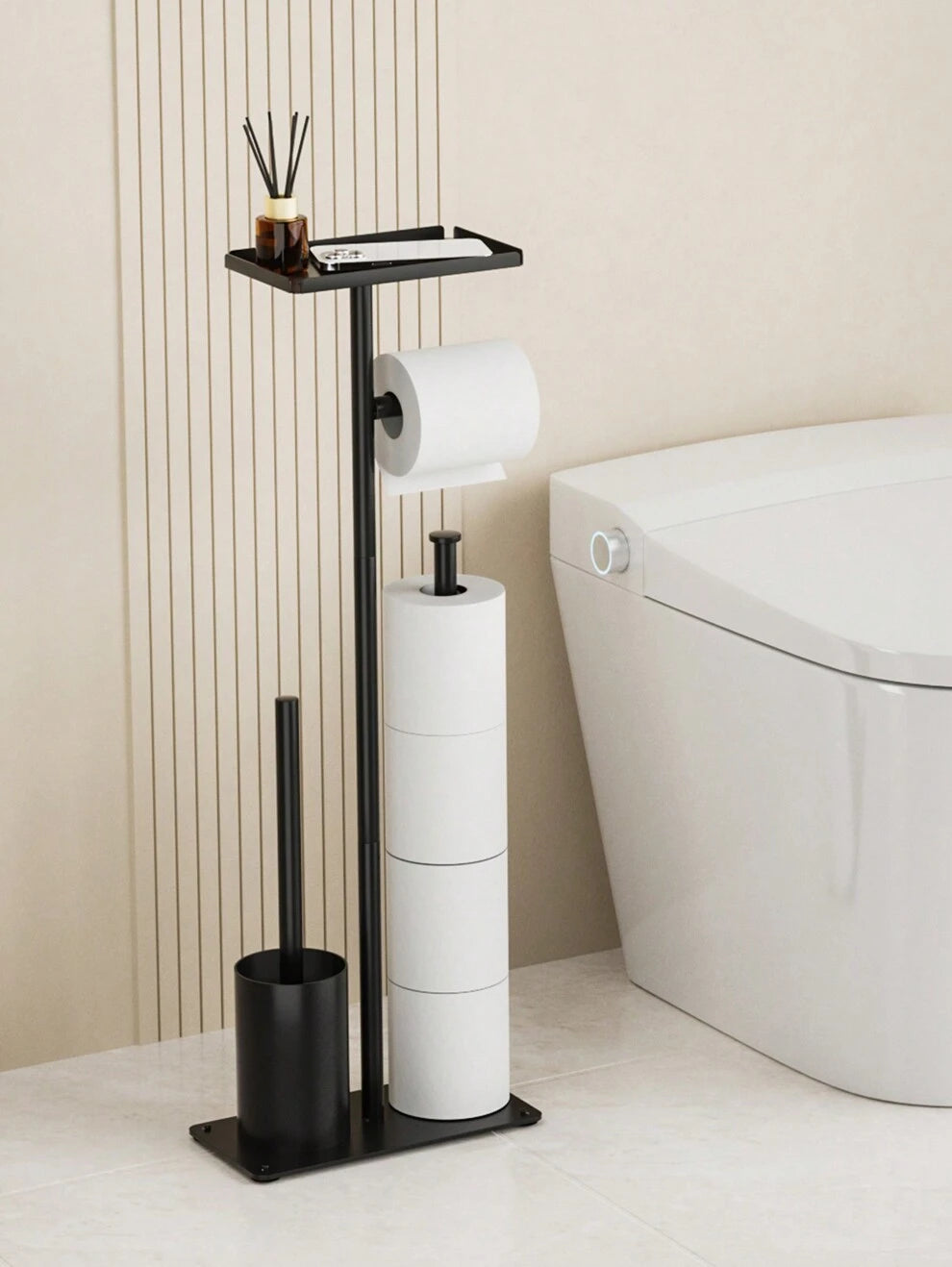 1pc Black Standing Toilet Paper Holder With Brush, Modern Freestanding Paper Rack With Storage Shelf, Vertical Bathroom Tissue Roll Stand, Bathroom Accessories