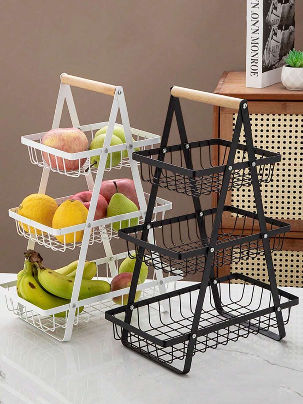 Versatile Countertop Fruit & Vegetable Basket With Removable Bowl And Wooden Handle - Perfect For Fresh Produce Storage & Kitchen Organization