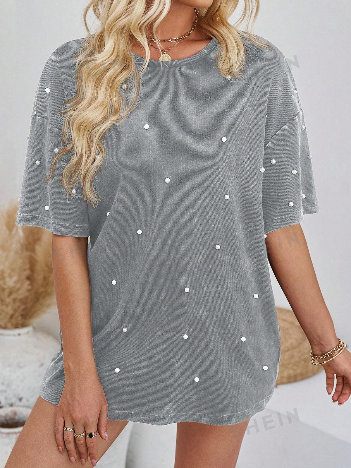 SHEIN LUNE Women's Summer Oversized Drop Shoulder T-Shirt With Stud Beaded Embellishment, Solid Color