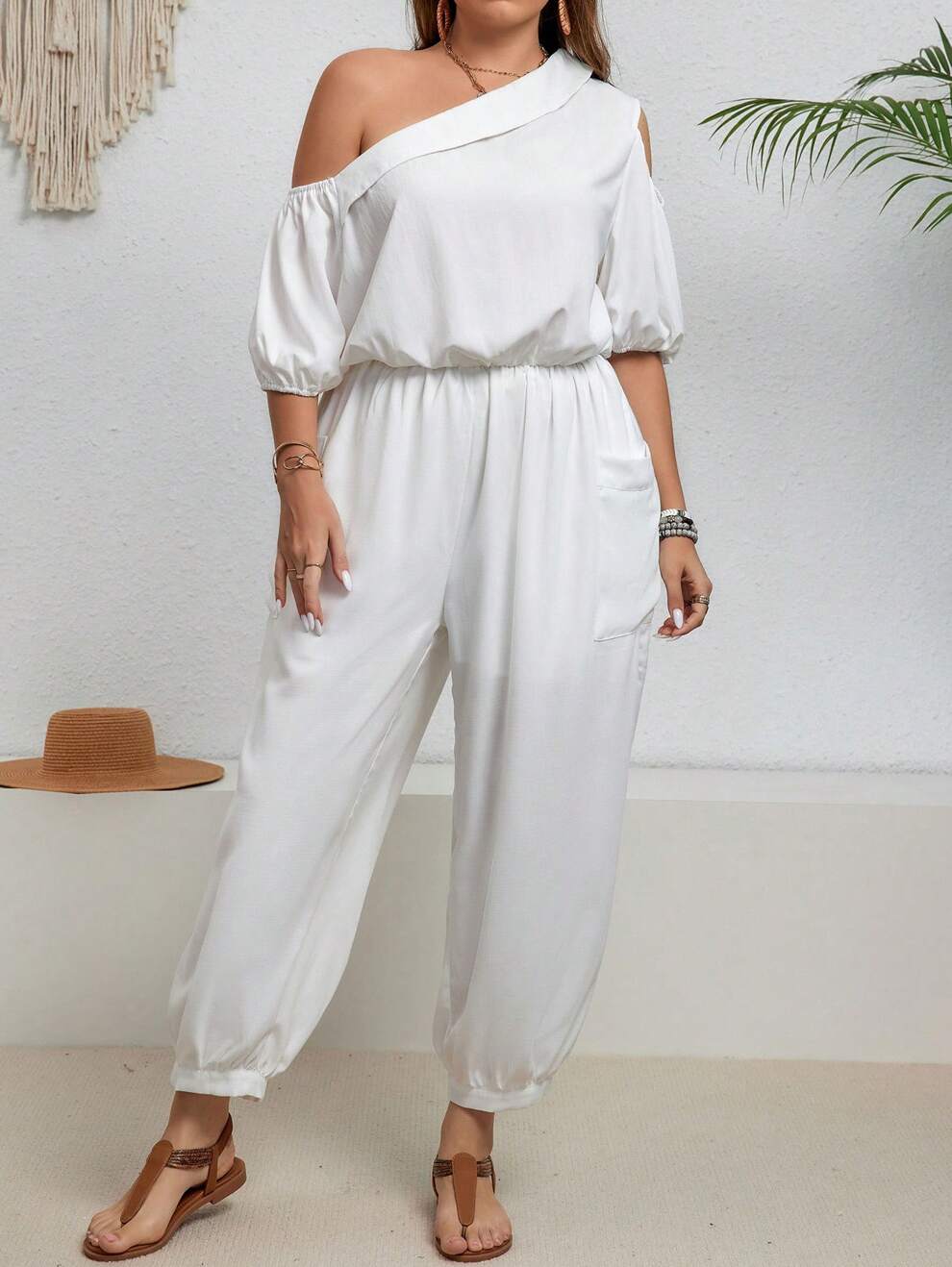 SHEIN VCAY Plus Size Women's Fashionable Summer Simple Plain Asymmetrical Neck Design Jumpsuit