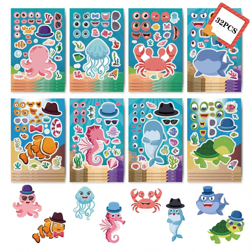 8/16/24/32 Sheets Make A Face Stickers For Kids, 8 Different Cartoon Sea Animals Designs Stickers For Kids Birthday Party Favor Supplies Craft