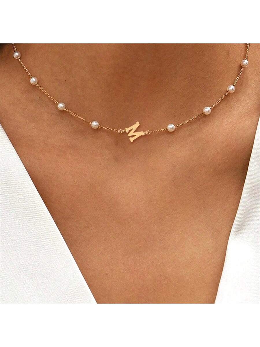 1pc New Vintage Initial Pendant Pearl Chain Necklace For Women Party