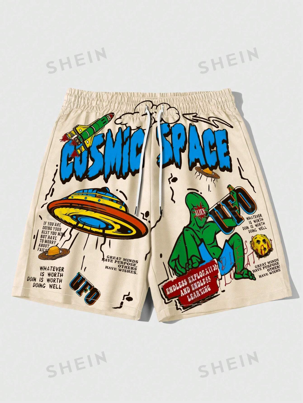 ROMWE Street Life Men's Space Printed Woven Drawstring Shorts, Suitable For Daily Wear In Spring And Summer