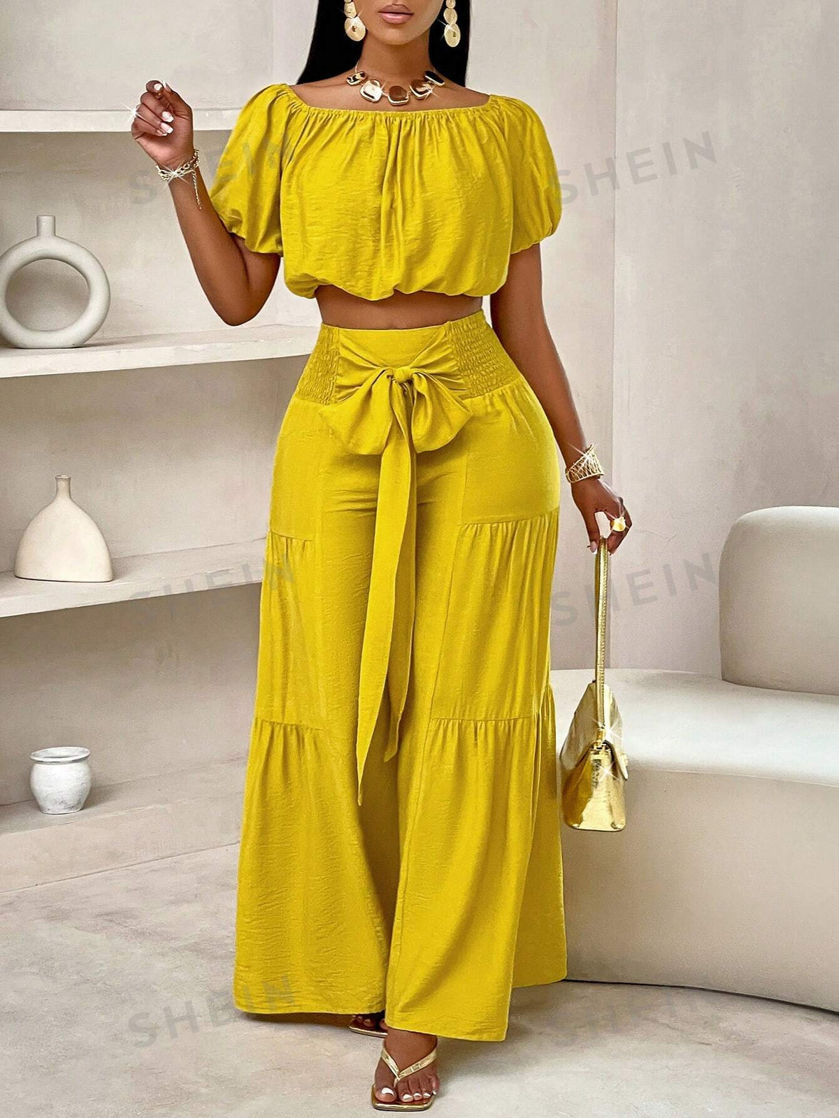 SHEIN Slayr Summer Beach Vacation Style One-Shoulder Puff-Sleeved Ruffled Strapless Crop Top & Wide Leg Pants Set For Summer