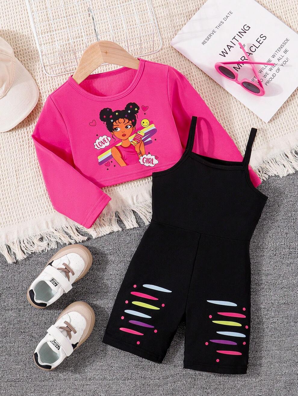 2pcs Young Girl Jumpsuit Set, Spring/Summer Sweet & Cool Print Long Sleeve Top + Overall Suspender Pants Outfit