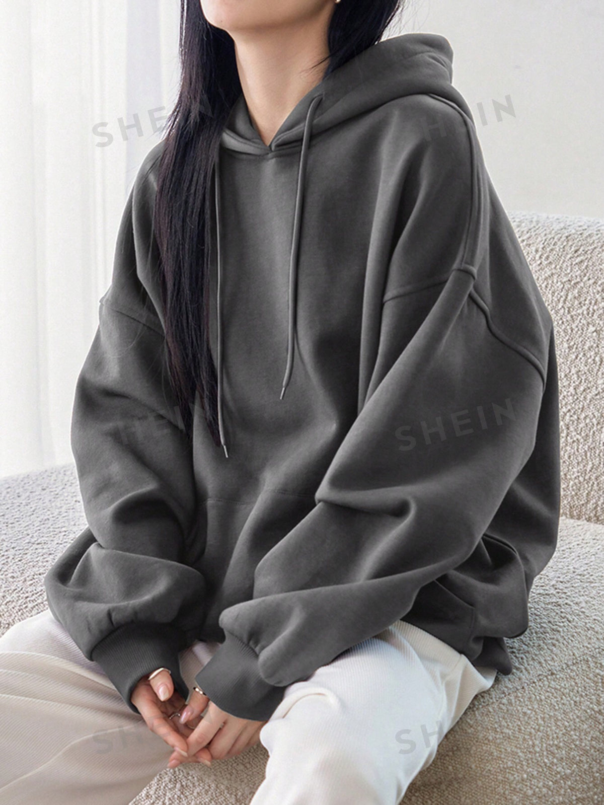 Dazy-Less Kangaroo Pocket Drop Shoulder Drawstring Hoodie Without Tee