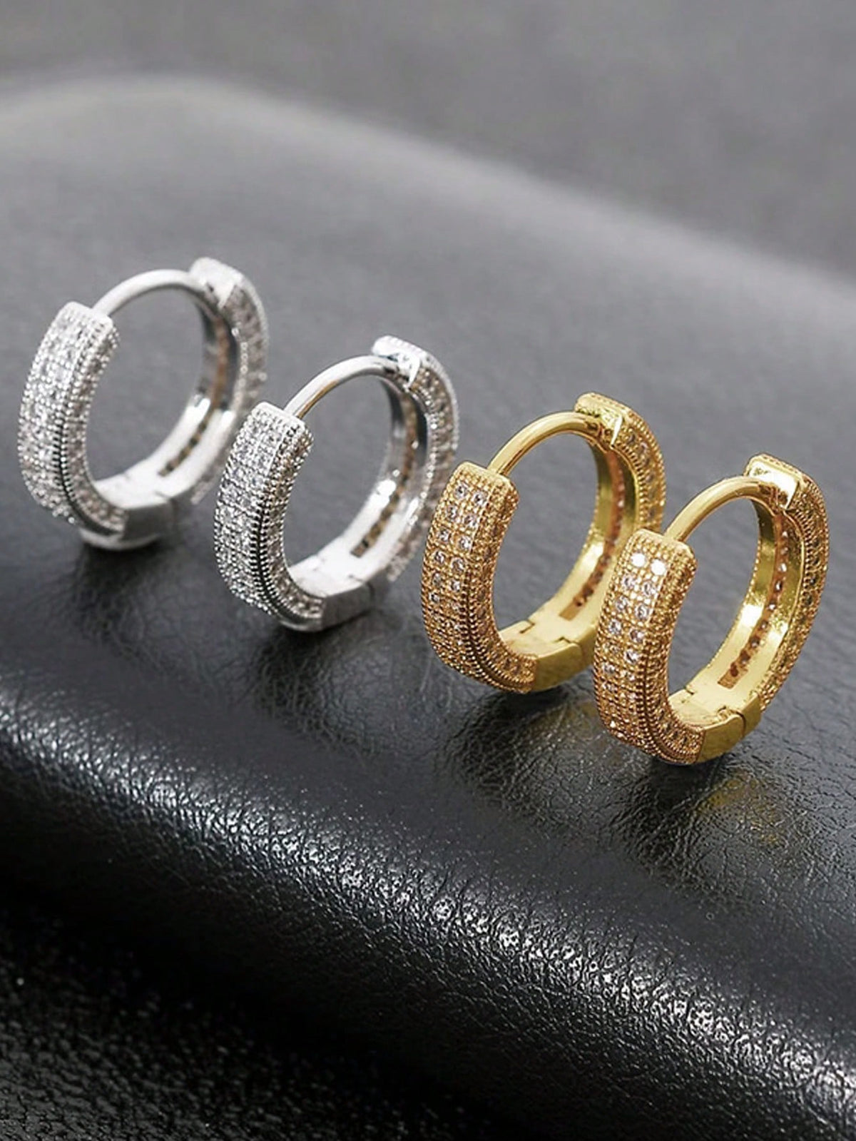 1pair Fashionable Hip-Hop Punk Fully Encrusted Copper Alloy Hoop Earrings, Suitable For Men & Women Daily Wear, Golden/Silver