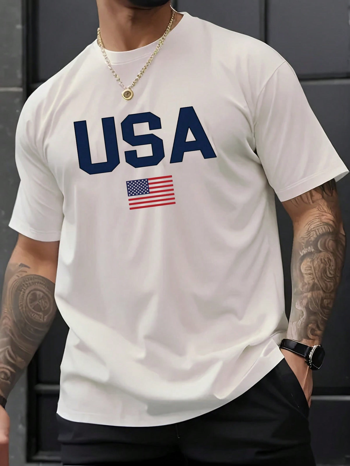 Men's Summer USA Flag Letter Print Round Neck Short Sleeve Casual T-Shirt