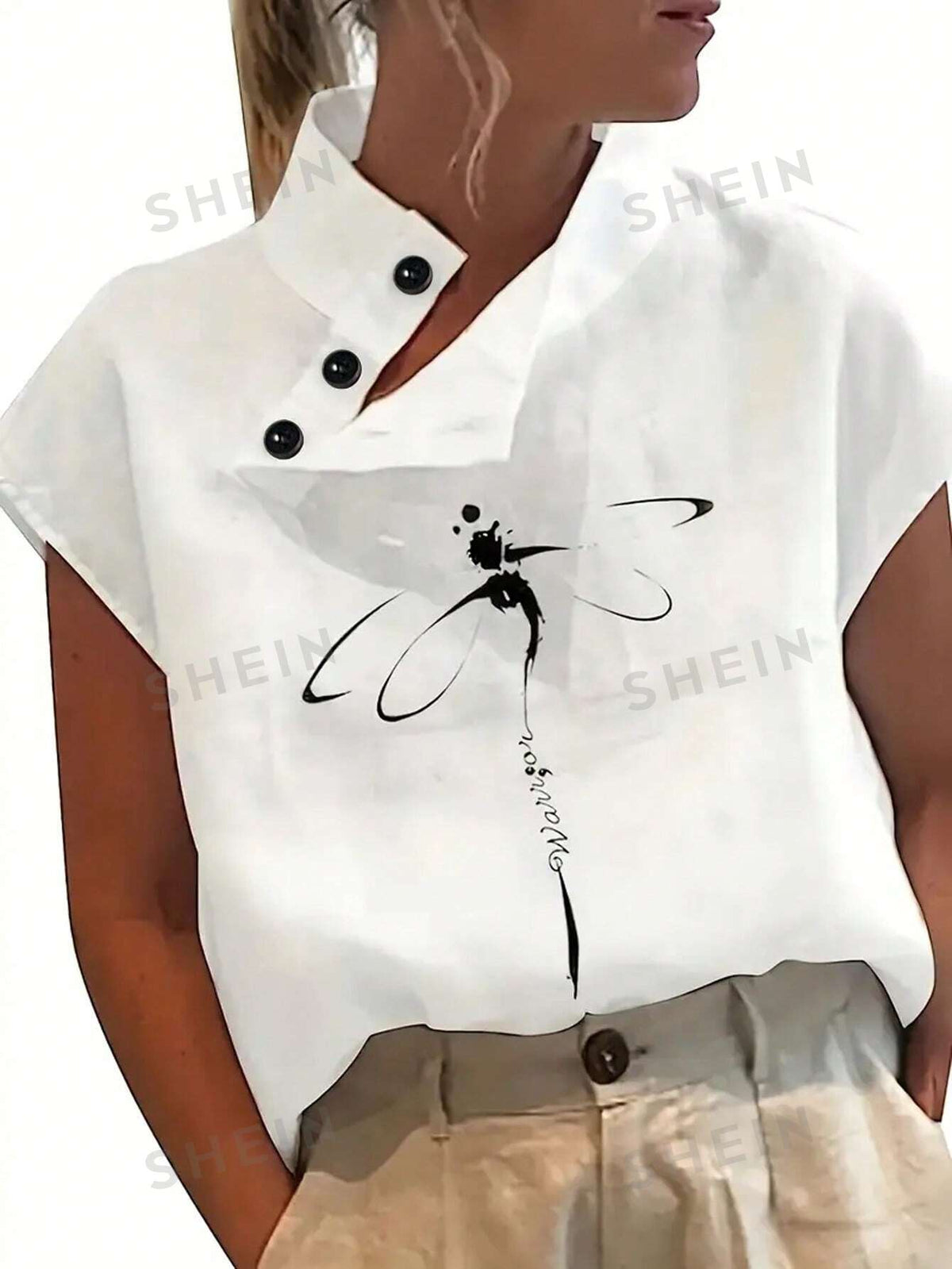 SHEIN LUNE Round Neck Buttoned Casual & Simple Women's Shirt