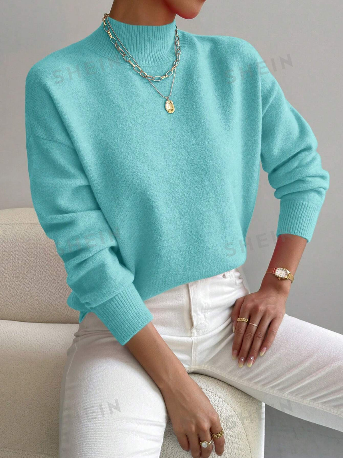 SHEIN Privé Mock Neck Drop Shoulder Sweater