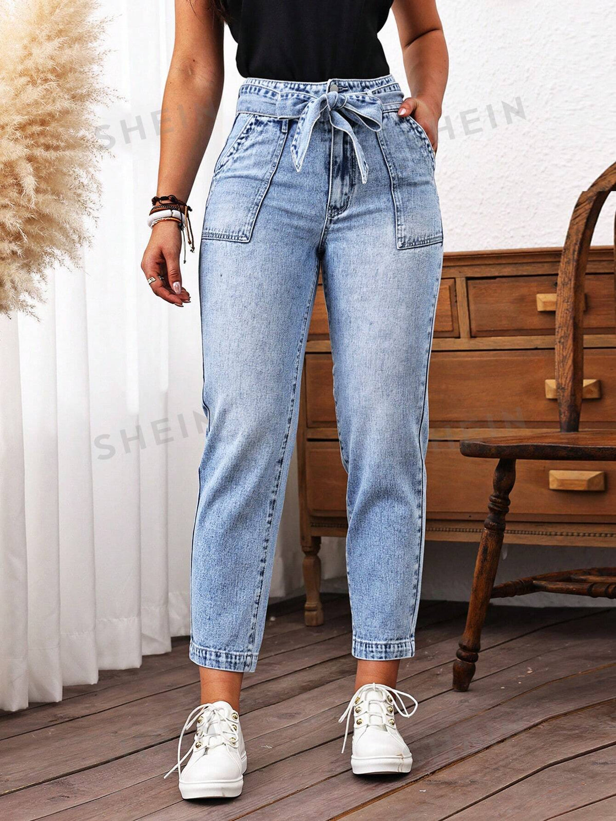 SHEIN LUNE Women's Casual Denim Belted Tapered Pants With Pockets