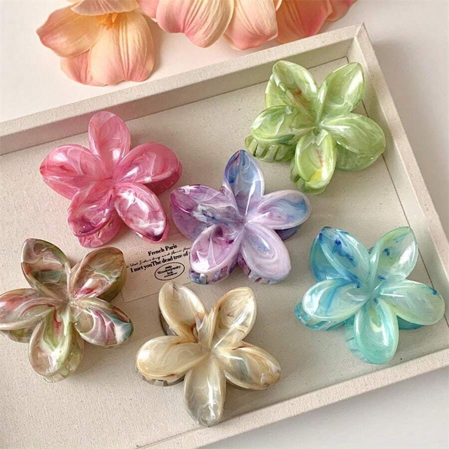 1pc Women's Clear Acrylic Plumeria Hair Claw, Marbled Hair Clip, Cute & Sweet All-Match Hair Accessory, Suitable For Daily Use