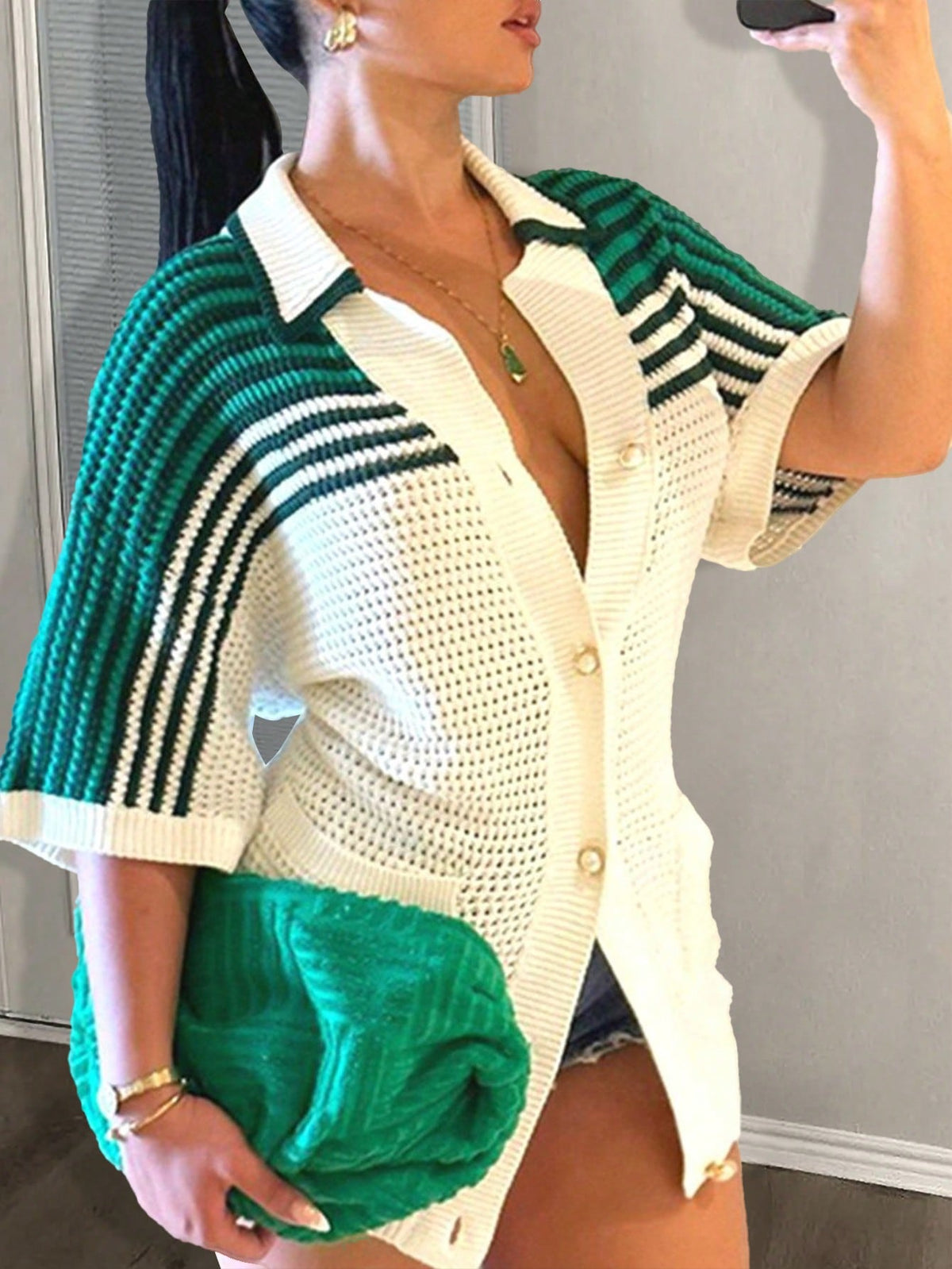 SHEIN Slayr Casual Casual Green & White Knitted Short Sleeve Shirt Women's Knitted Top Blouse -Z